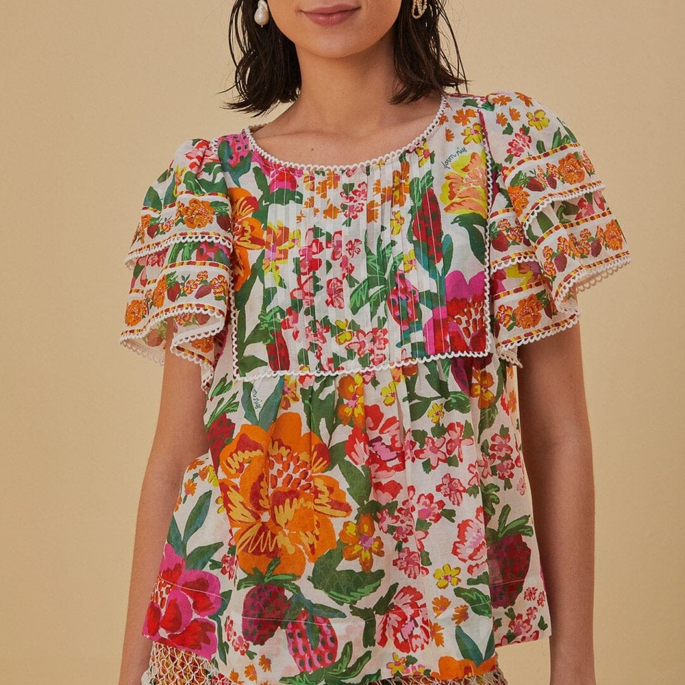 FARM Rio short sleeved colorful summer blouse boho sz M